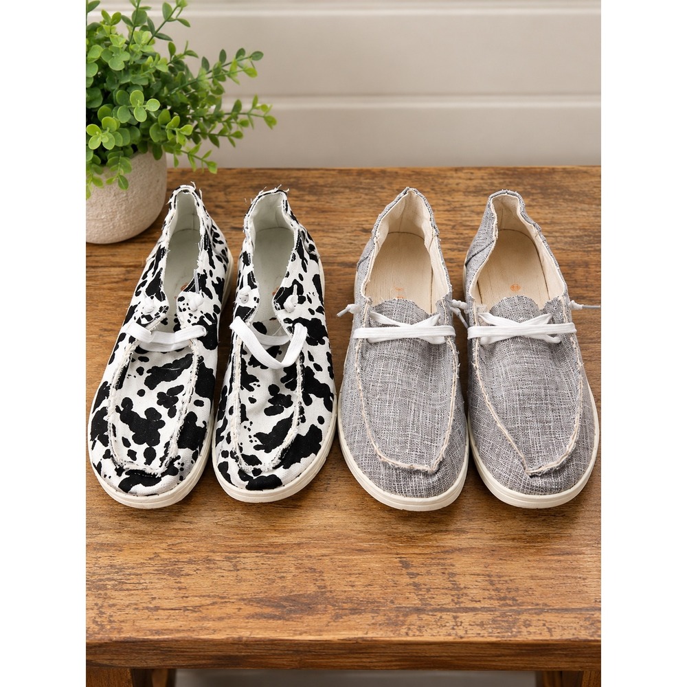 Unbranded Canvas Slip On Loafers Gray and Cow Print Boat Shoes Size 40 Set of 2